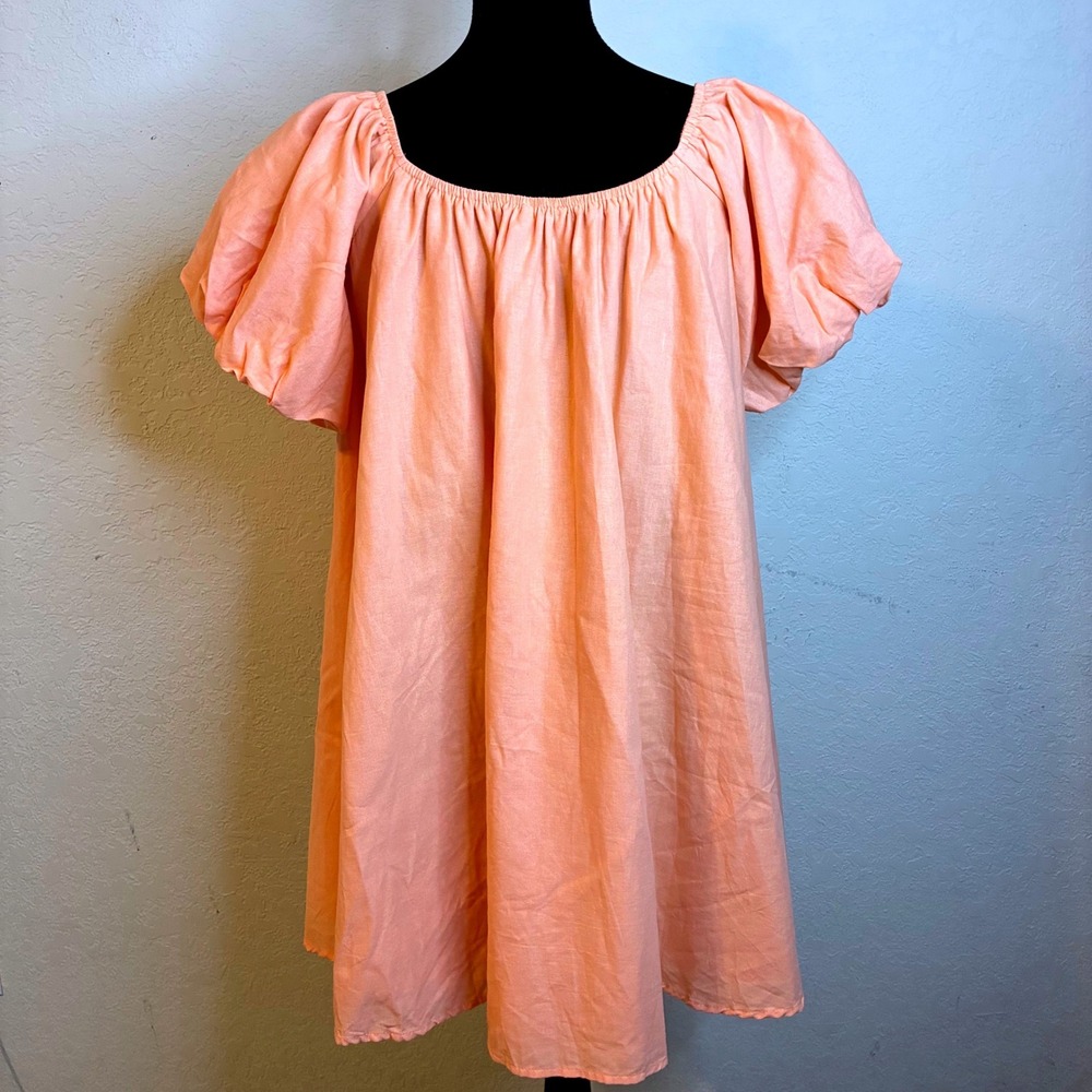 Mable Dress Peach Rayon Linen Puff Sleeve Mini Party Womens Medium Coral Boho